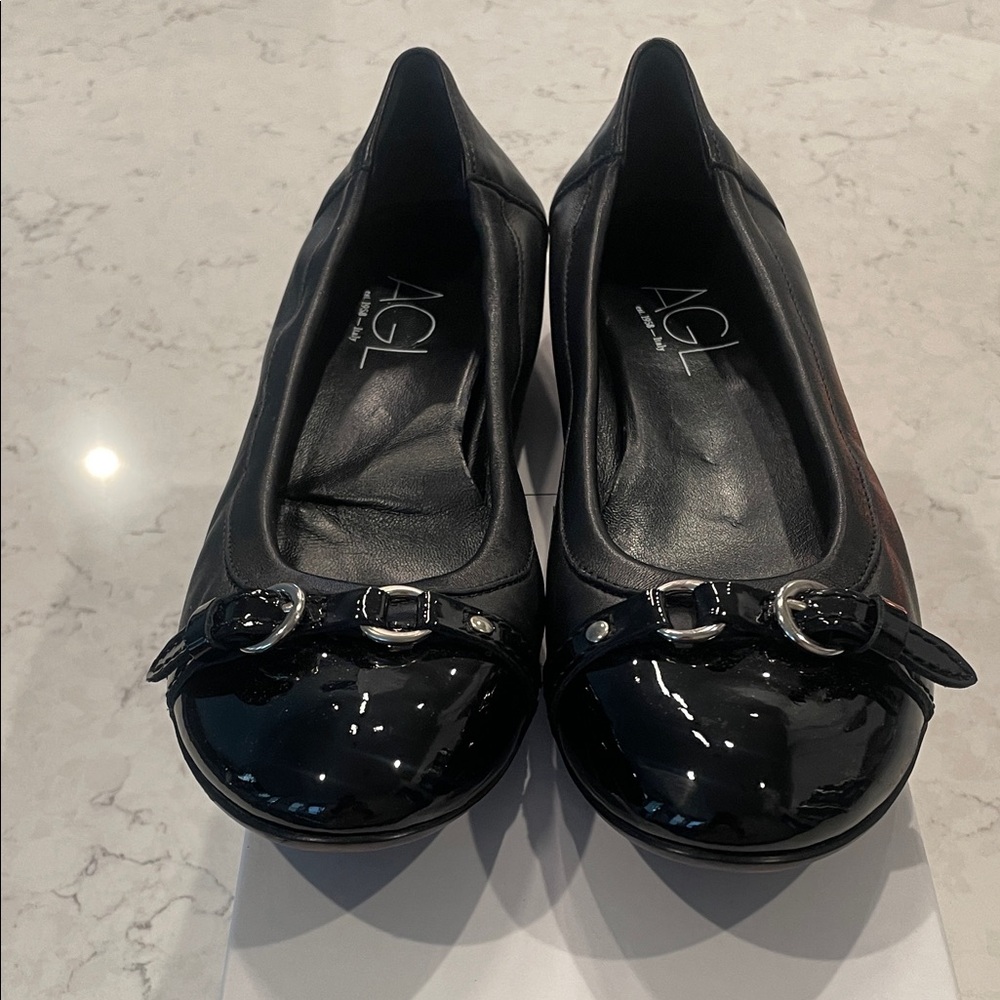 AGL Black Patent Leather Flats with Buckle Detail - Picture 3 of 5
